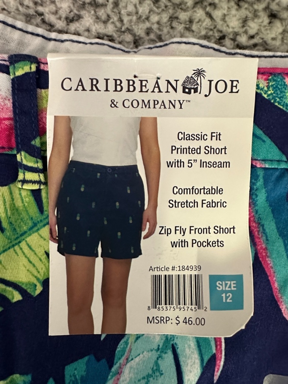 Caribbean Joe Navy Tropical Print Women's Shorts size 12 - Picture 2 of 3